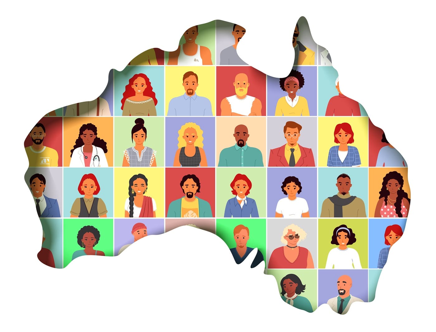 Shape of Australia filled with animated headshots of people, symbolizing geographic equity, regional engagement, and community consultation.