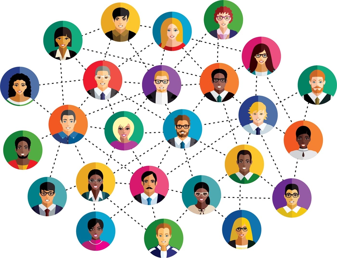 People in various colours connected by visible lines, forming a network that reflects co-design, shared power, and community-led collaboration.