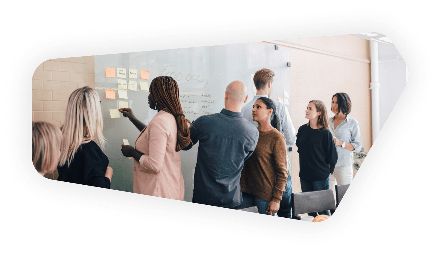 A team gathered around a whiteboard filled with notes and diagrams, collaborating and discussing ideas during a brainstorming session.